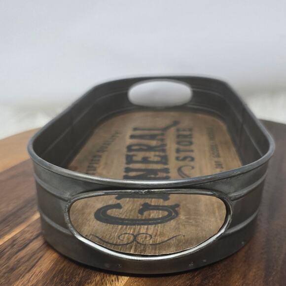 Trinket Fruit Holder Farm Kitchen Oval General Store Wood Tin Decorative Dish - Picture 5 of 7